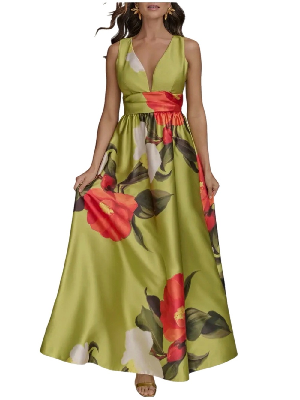 NWT $349 MSRP Karan NY Floral Green Citrus Mikado Gown in Neck Ball Gown Size 4